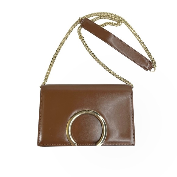 Faux Leather Brown Structured Gold Tone Horseshoe Chain Purse - Picture 1 of 13